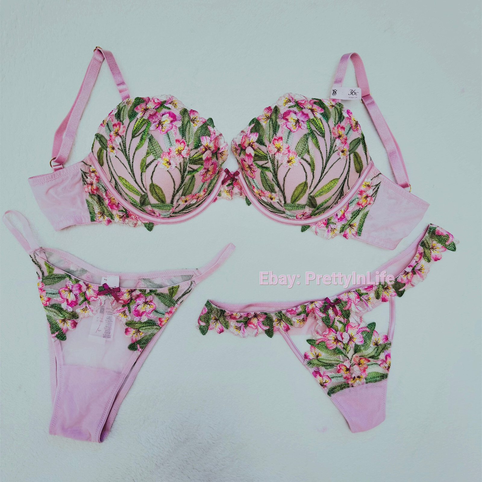 Victoria’s Secret Dream Angels Push Up bra set embroidery Lily floral pink rose