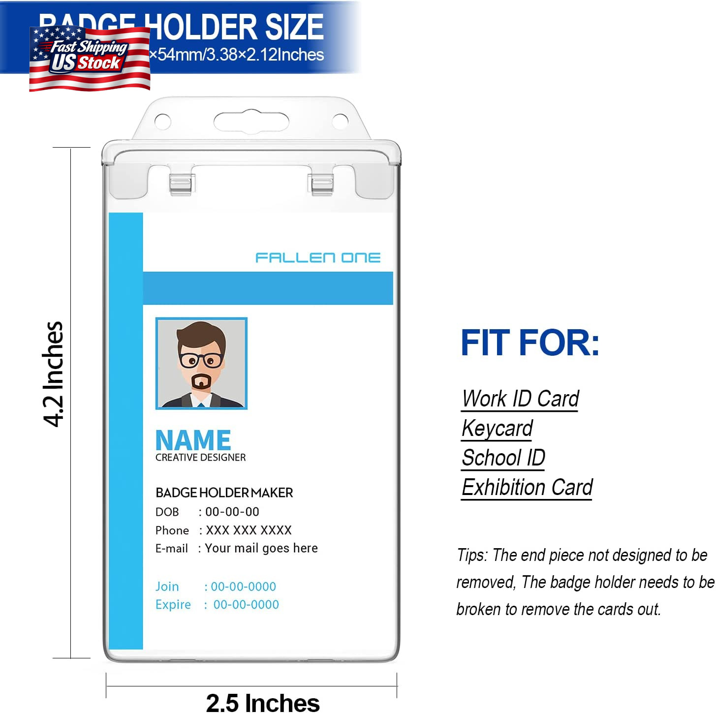 2 Pack Clear ID Badge Holder for Lanyard Hard Plastic ID Card Holder by Fallen O