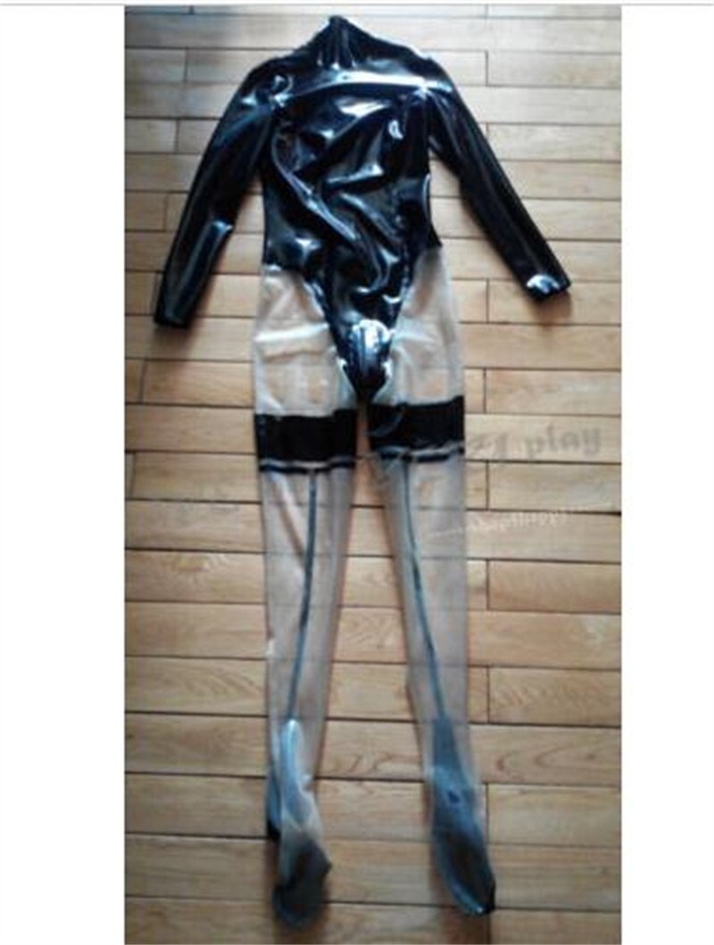 121 Latex gummi catsuit transparent & black latex bodysuit women sexy 0.4mm