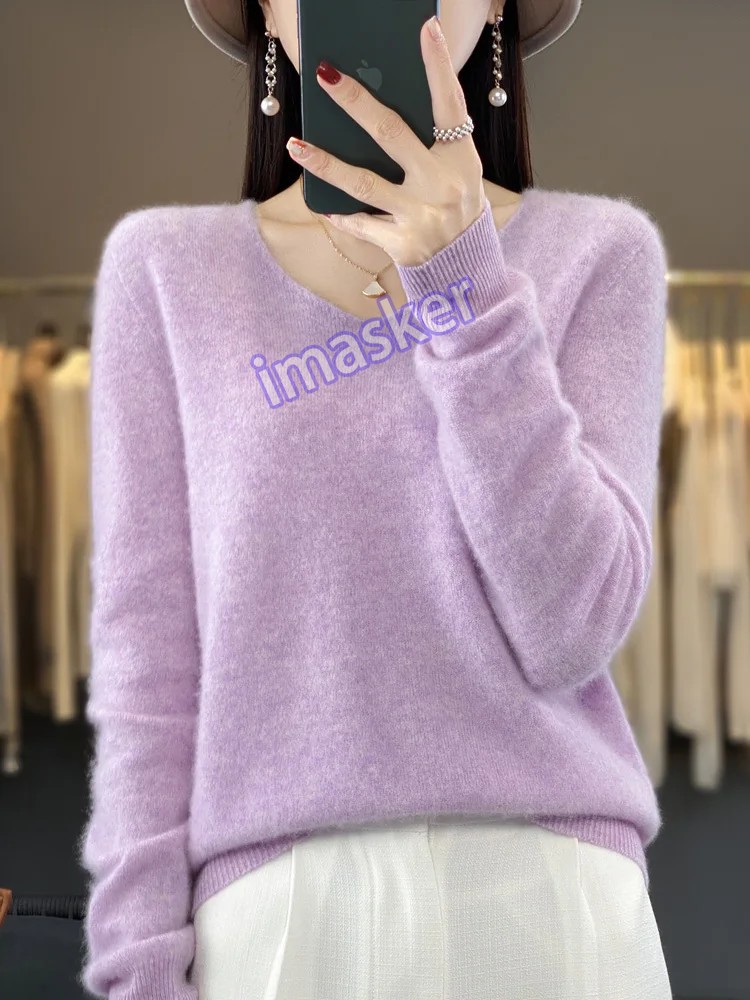 Women’s V-neck Pullover Sweater Knitwear Soft Warm Cashmere Loose Grace Style