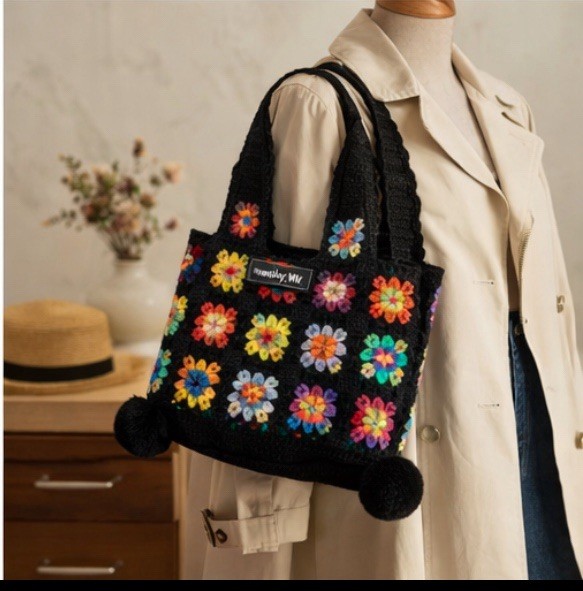 Handmade Crochet Tote Bag for Women – Colorful Granny Square Knit Shoulder Bag