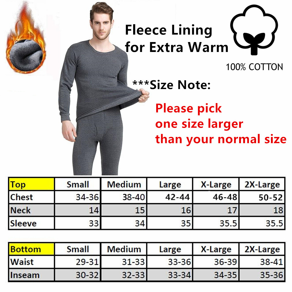 Men Winter Fleece Lined 100% Cotton Thermal Long Johns Top Bottom Underwear Set