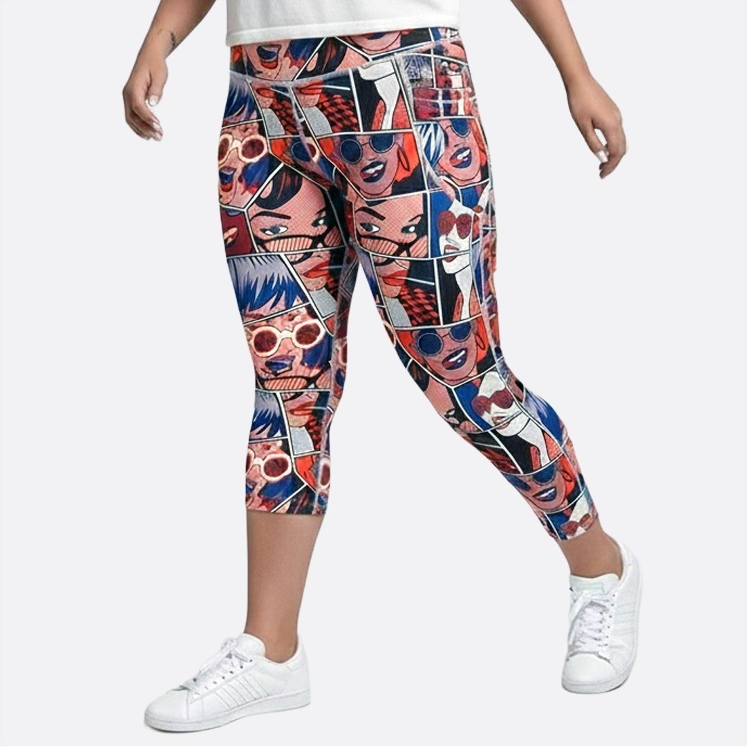 Pop Art Comic Print High Waist Capri Leggings Bold Graphic Retro Streetwear 0X L
