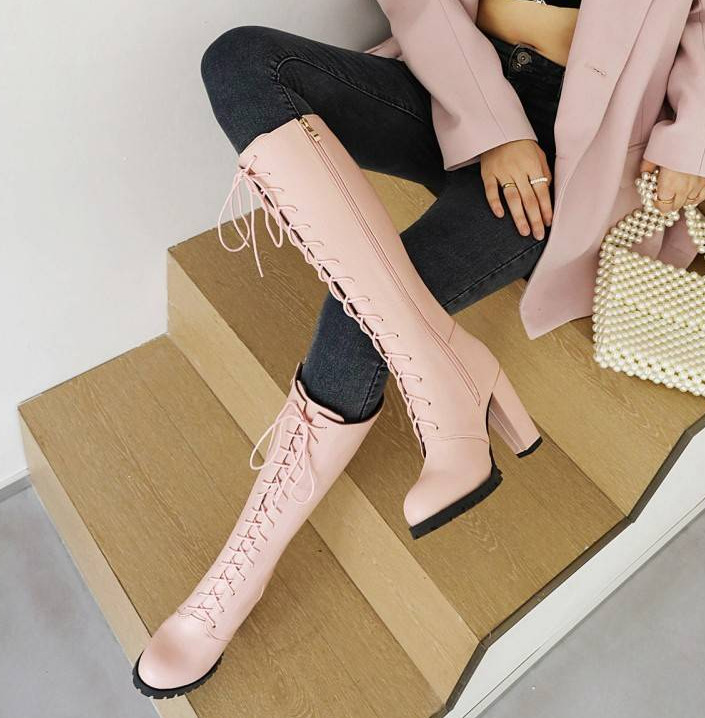 Women’s Round Toe Lace Up Knee High Boots Block Heels Side Zipper Fashion Shoes