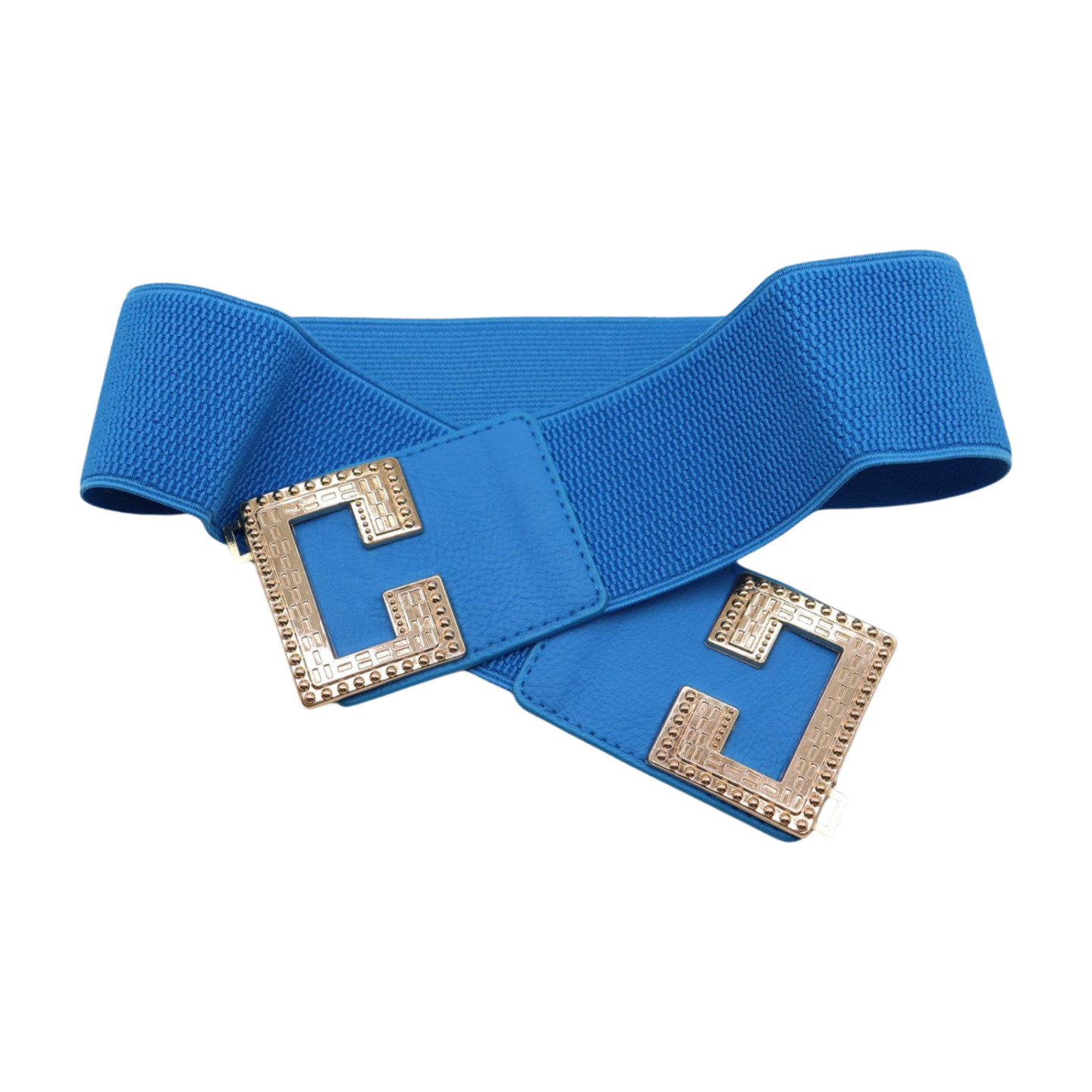 Women Blue Elastic Wide Fashion Belt Hip High Waist Gold Metal C Buckle Size S M
