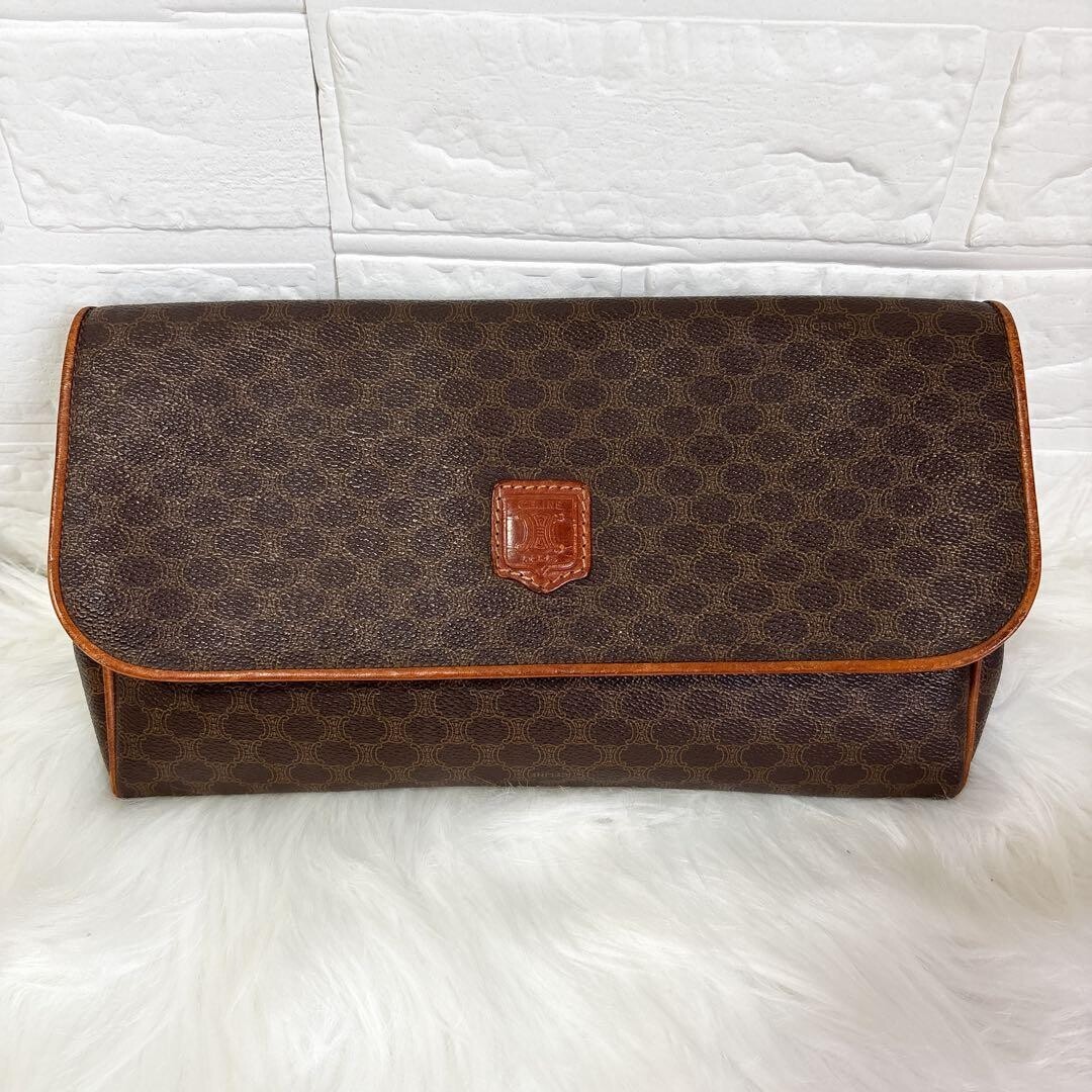 CELINE Clutch Bag Macadam PVC Leather Brown Vintage Authentic From Japan