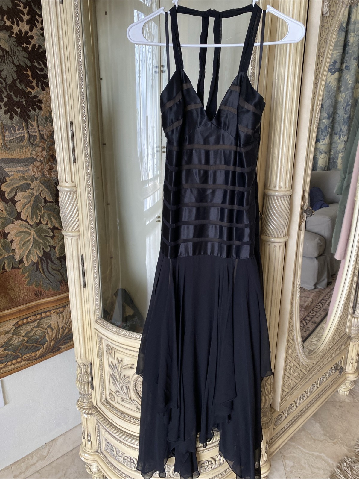 Y2K BCBG Grunge Fairycore Black Satin & Silk Ruched Handkerchief Dress SZ 6