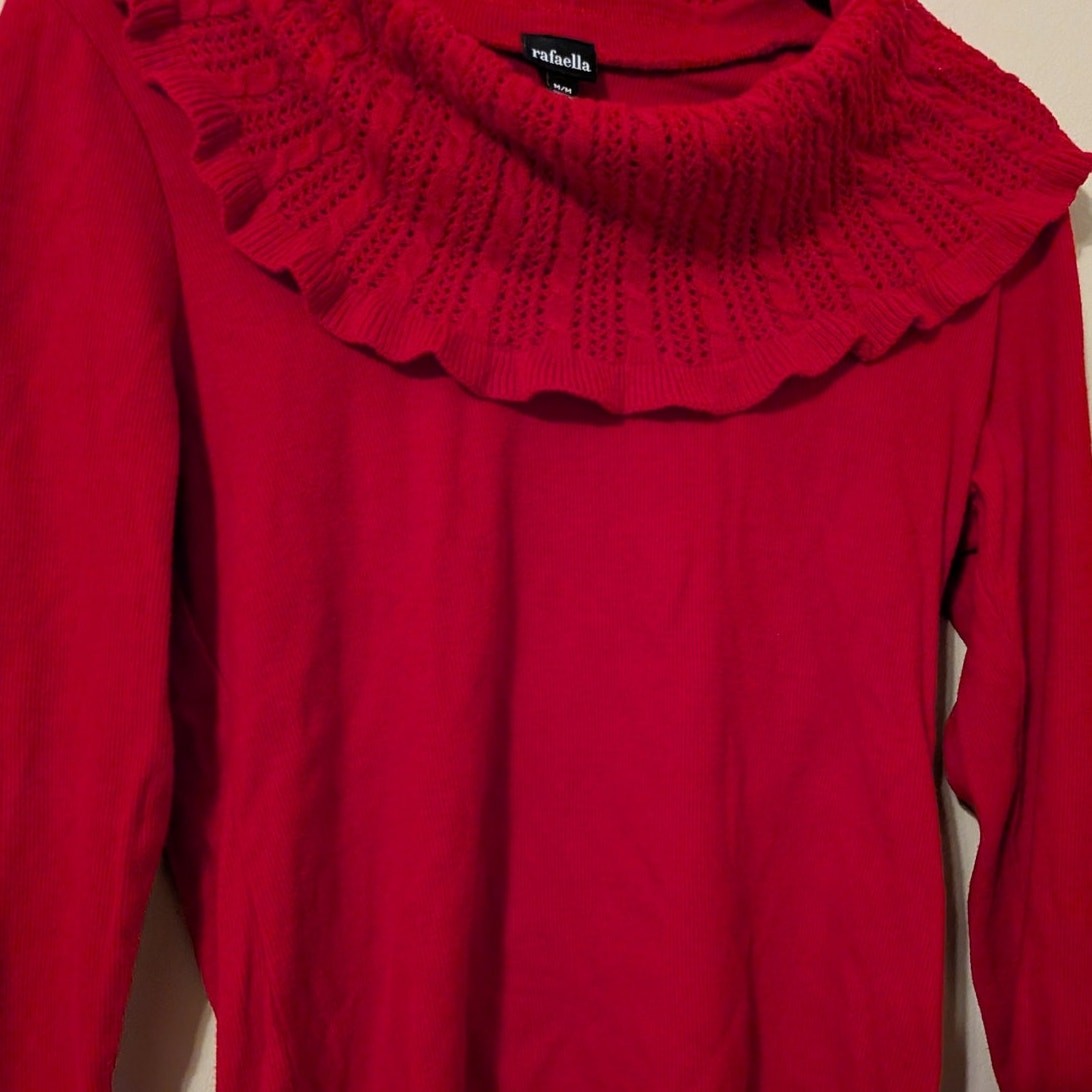 Rafaella Red Oullover Sweater With Ruffled Cowl Neck Collar