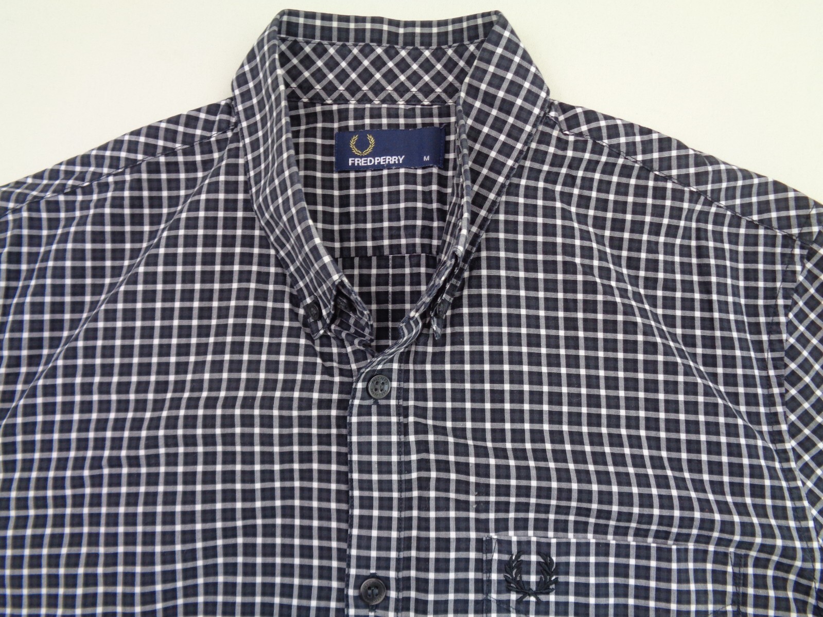 Fred Perry Shirt Mens Medium Black Check 100% Cotton Embroidered Logo Mod