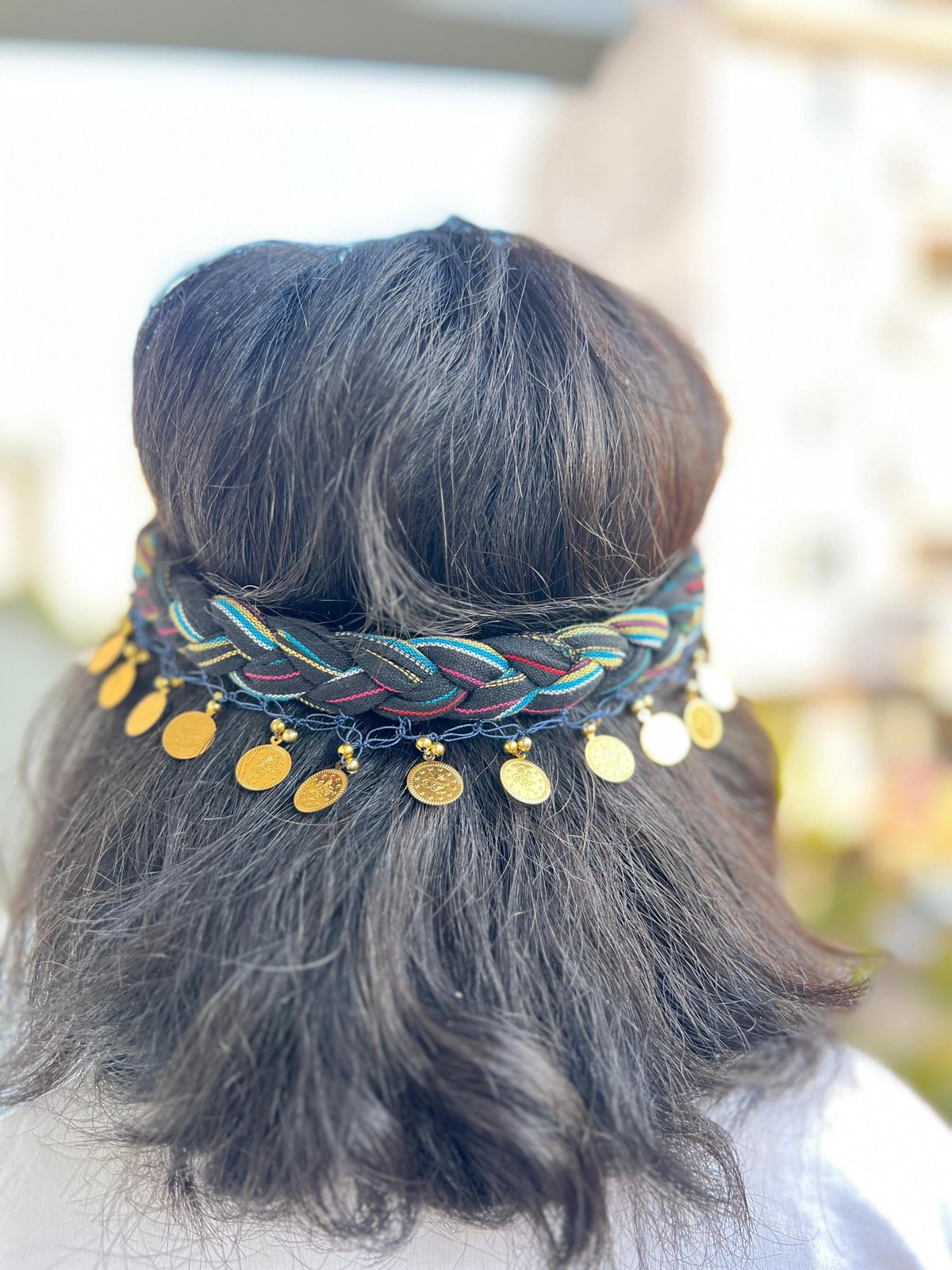 Bohemian Braided Hair Band with Gold Coin Charms Handmade Unique Boho Vintage