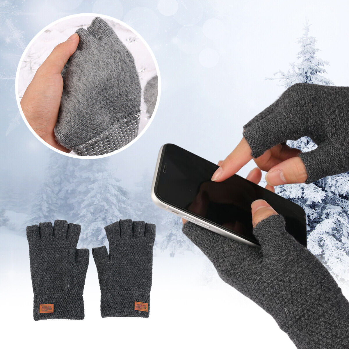 Winter Alpaca Wool Fingerless Gloves Thermal Men Knitted Half Finger Mitten