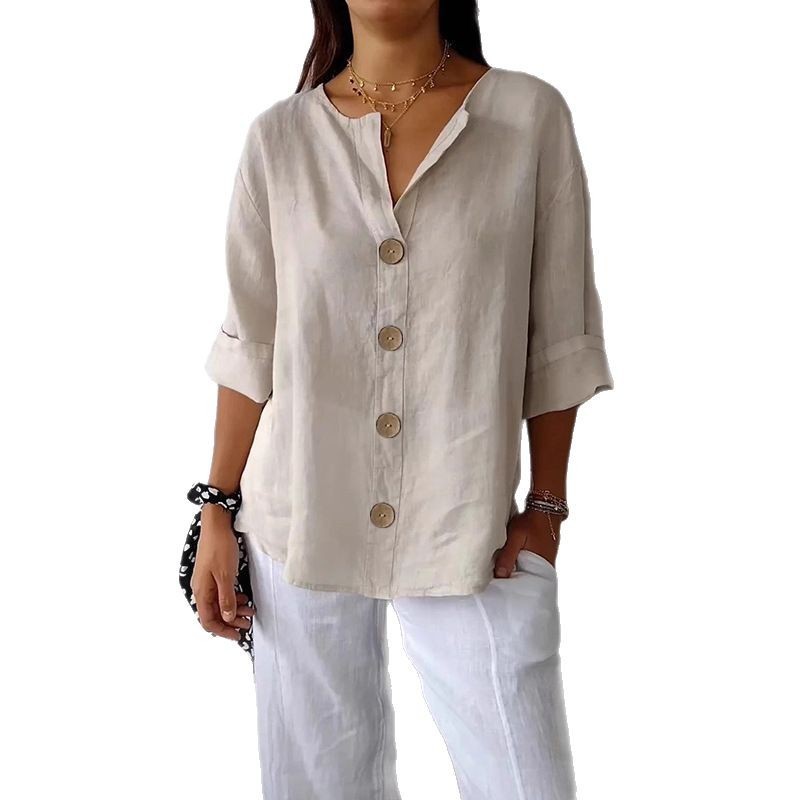 Loose-fit Women’s V-neck Cotton-Linen Button T-shirt Top