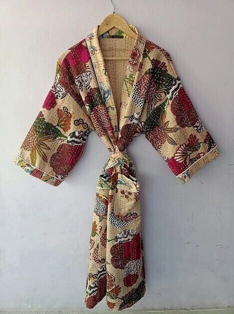 Indian Kantha Kimono Handmade Long Nightwear Gown Winter Jacket Cardigan Dress