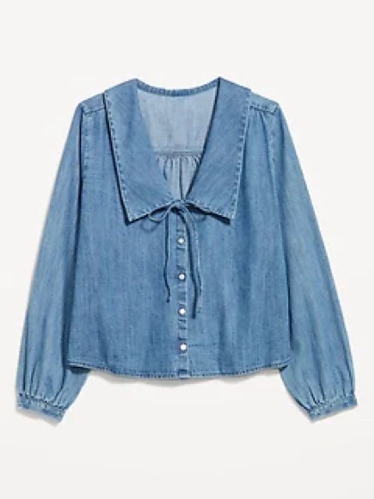 Old Navy Light Blue Chambray Denim Peter Pan Tie-Neck Button Front Blouse Large