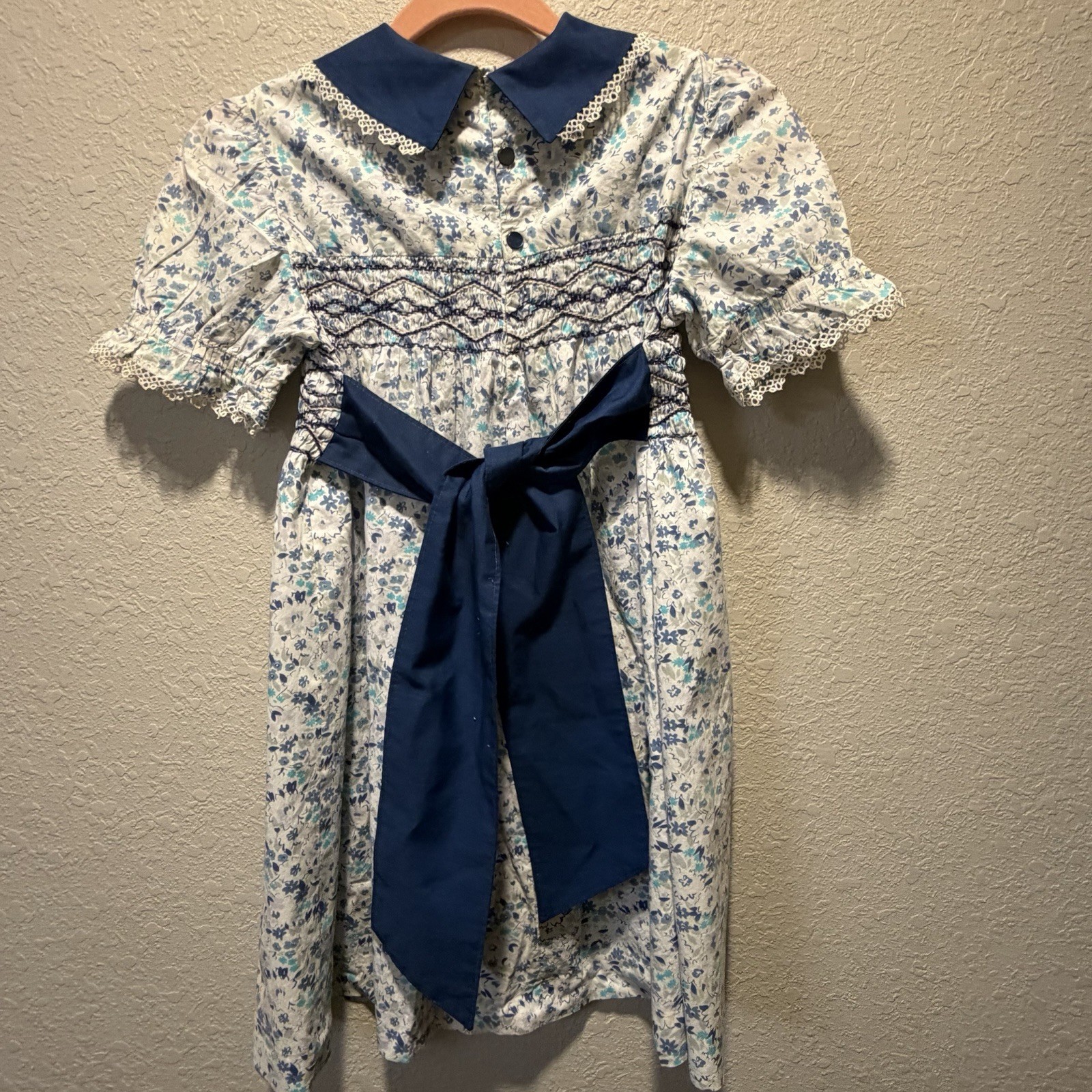 Vintage Liberty of London Girls Hand Smocked Floral Dress Blue Peter Pan Collar