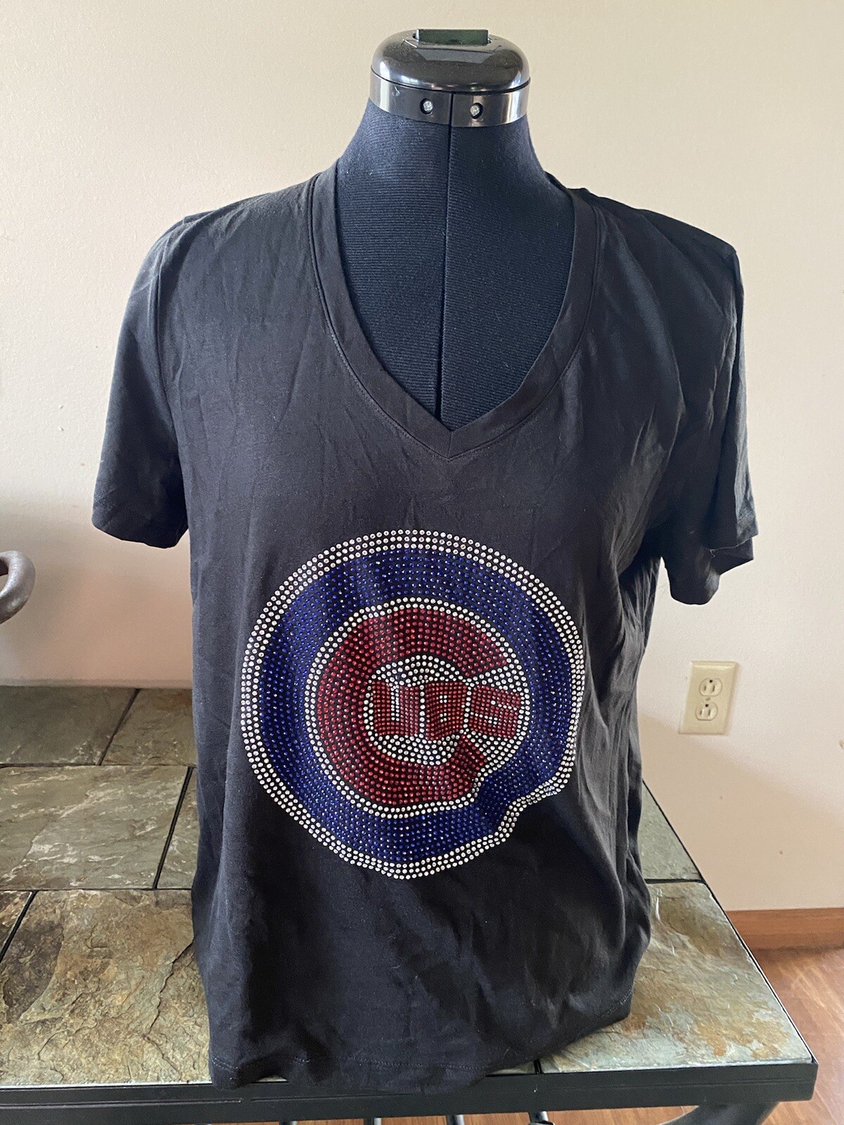 CHICAGO CUBS RHINESTONE BLING SHORT SLEEVE SHIRT S-M-L-XL-XXL-XXXL
