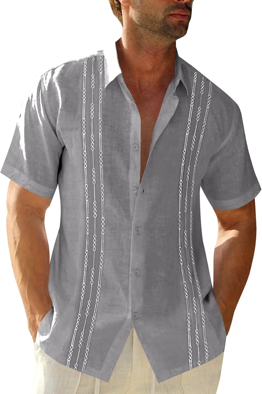 Mens Guayabera Shirt Linen Cotton Embroidered Short Sleeve Cuban Wedding Beach