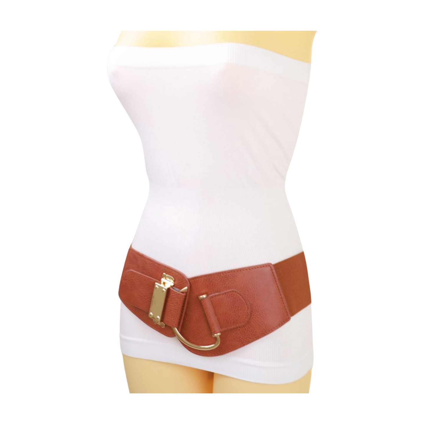 Women Hip High Waist Hook Buckle Chocolate Brown Color Elastic Band Belt M L