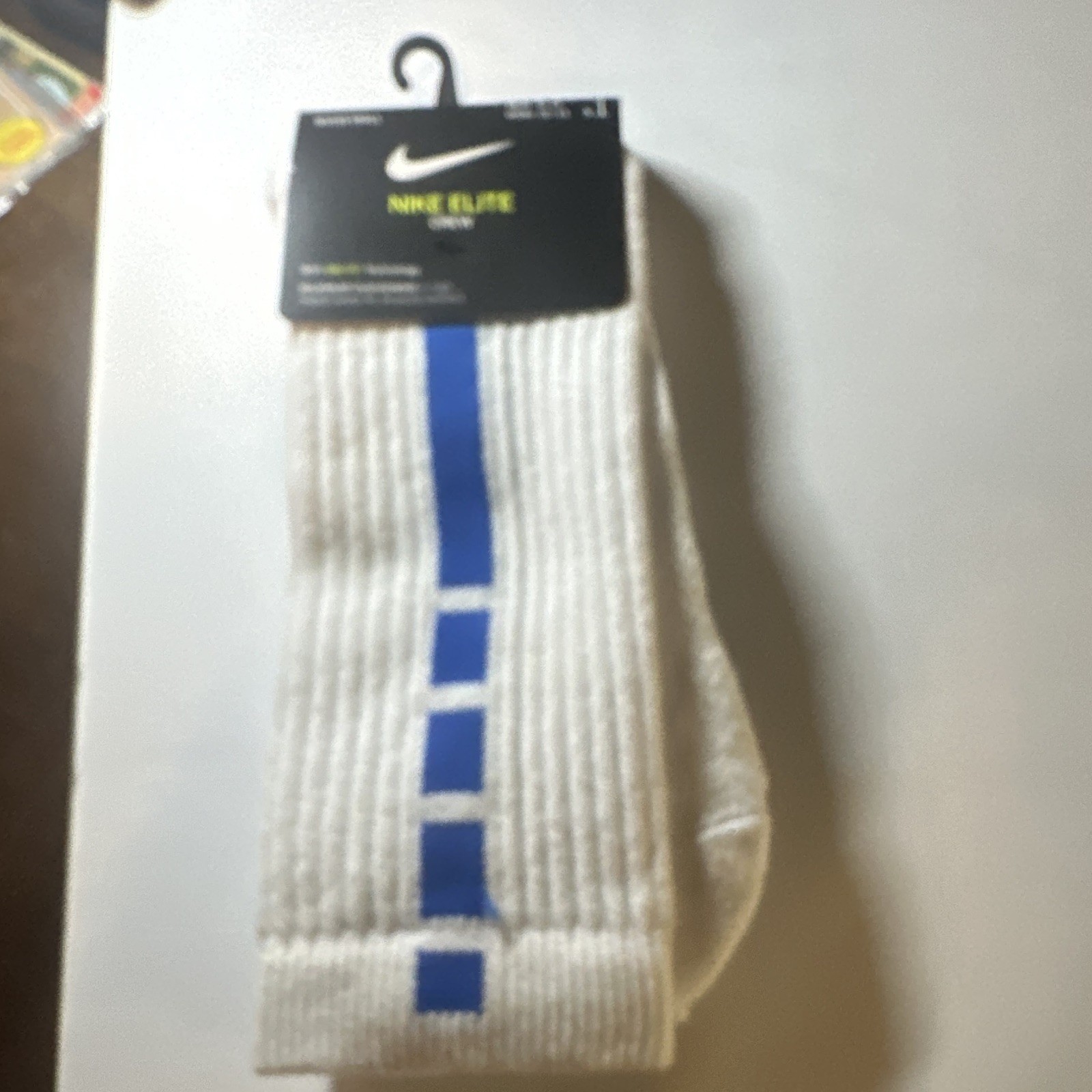 Nike Elite Men’s Crew Socks L White/Blue Striped Logo Breathable Arch Support