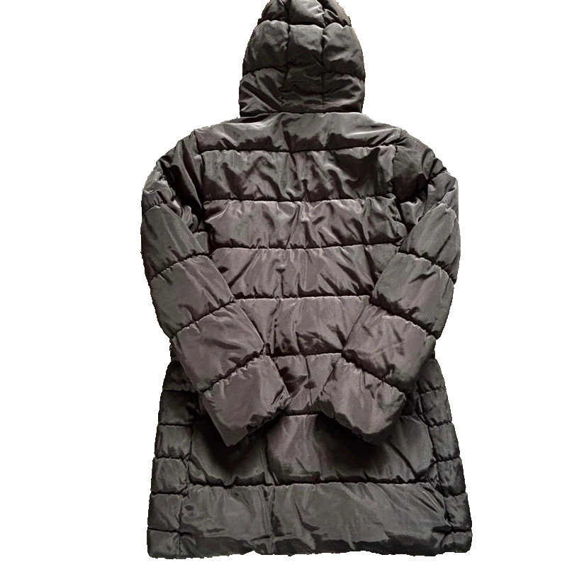 Womens Black Quilted Puffer Coat Size 12 Faux Fur Hood Winter Jacket Casual