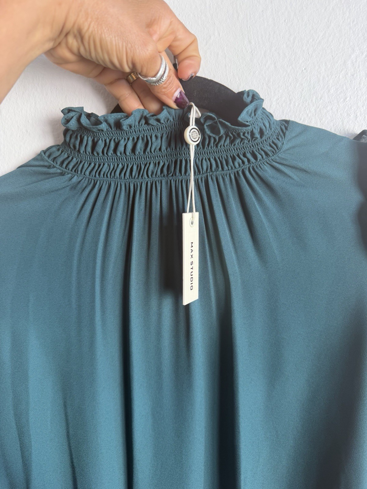 Max Studio Solid Green Ruffle High Neck Smocked Cuff Puff Sleeve Blouse XS