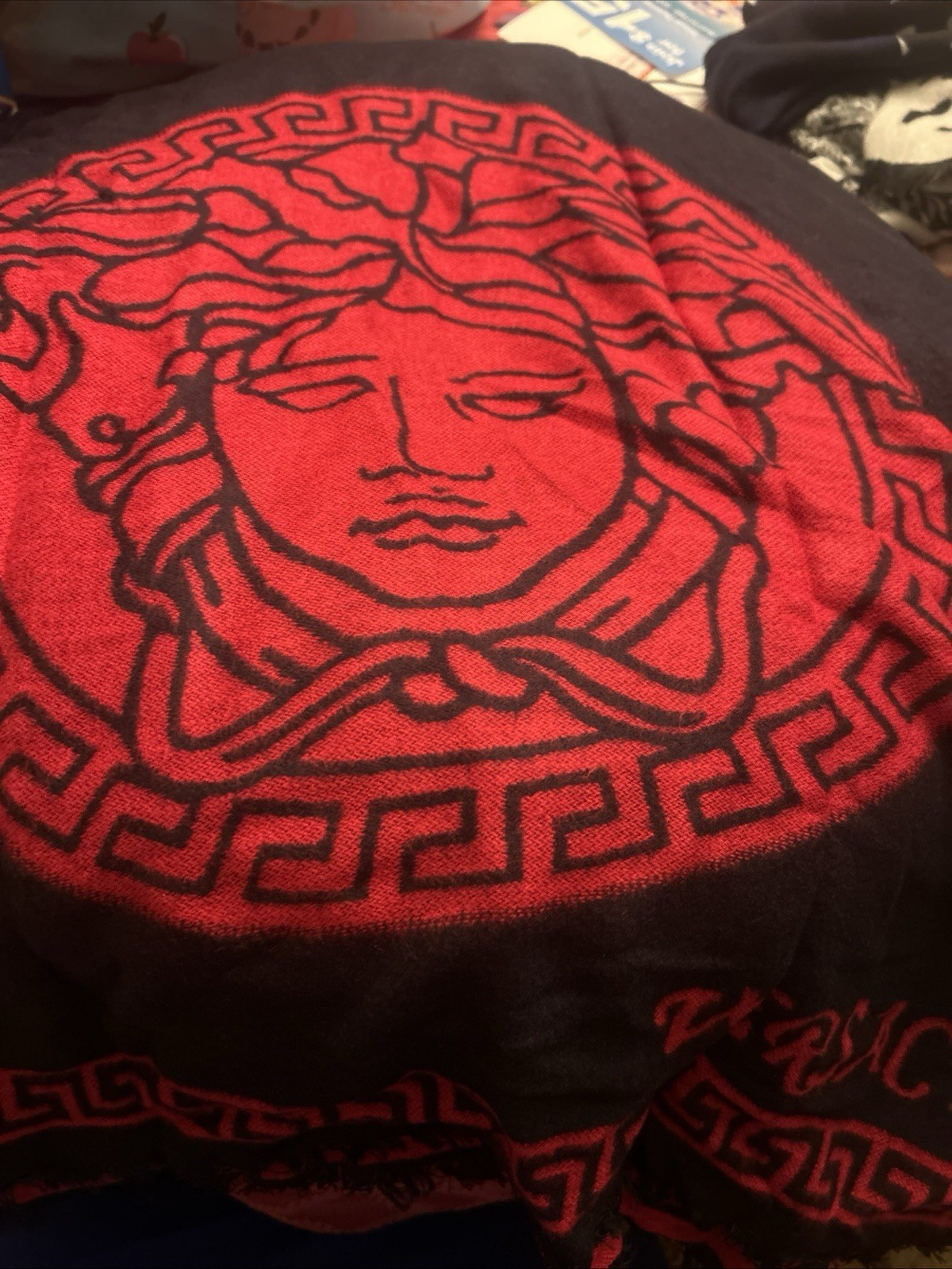 •Versace Wool Cashmere Knit Reversible Black Red Medusa Scarf 11”x68”