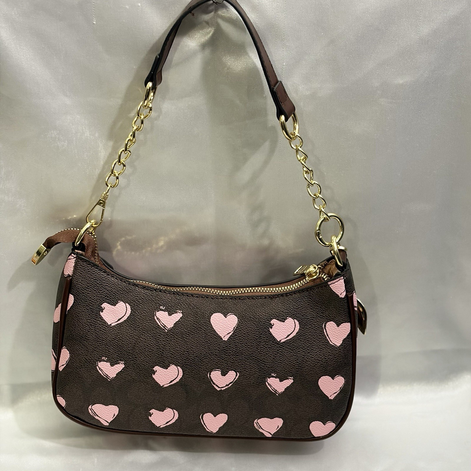 Coach Brown Pink Heart Print Zip Shoulder Bag Chain Strap Gold Hardware Charm