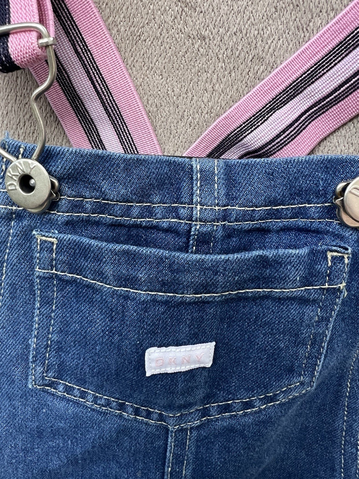 DKNY Baby Denim Shortalls Overalls Size 24M Blue Jean Pink Stripe Adjustable Leg