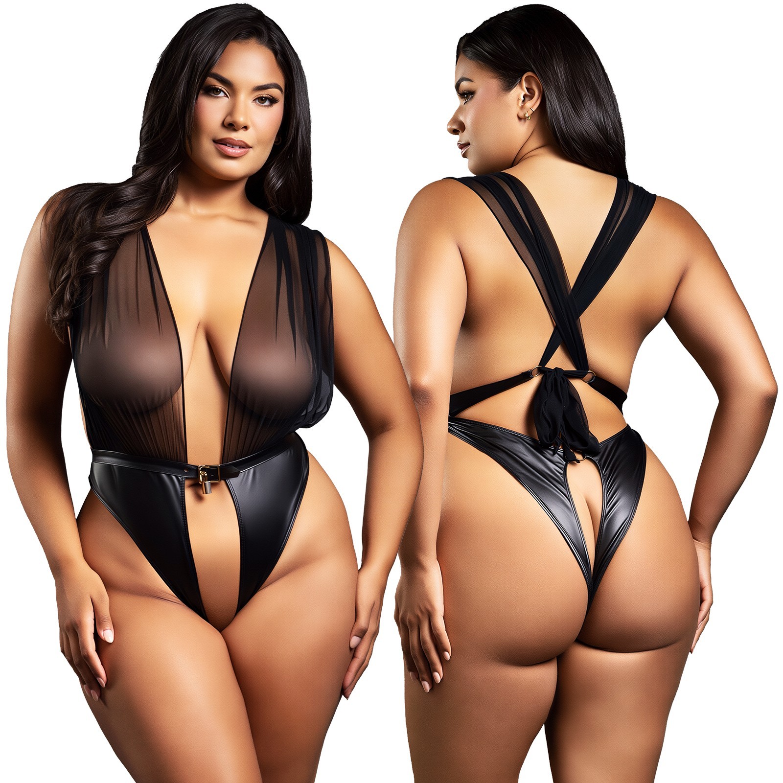 Black Faux Leather Mesh Teddy Open Crotch Sheer Plunge Lingerie Queen