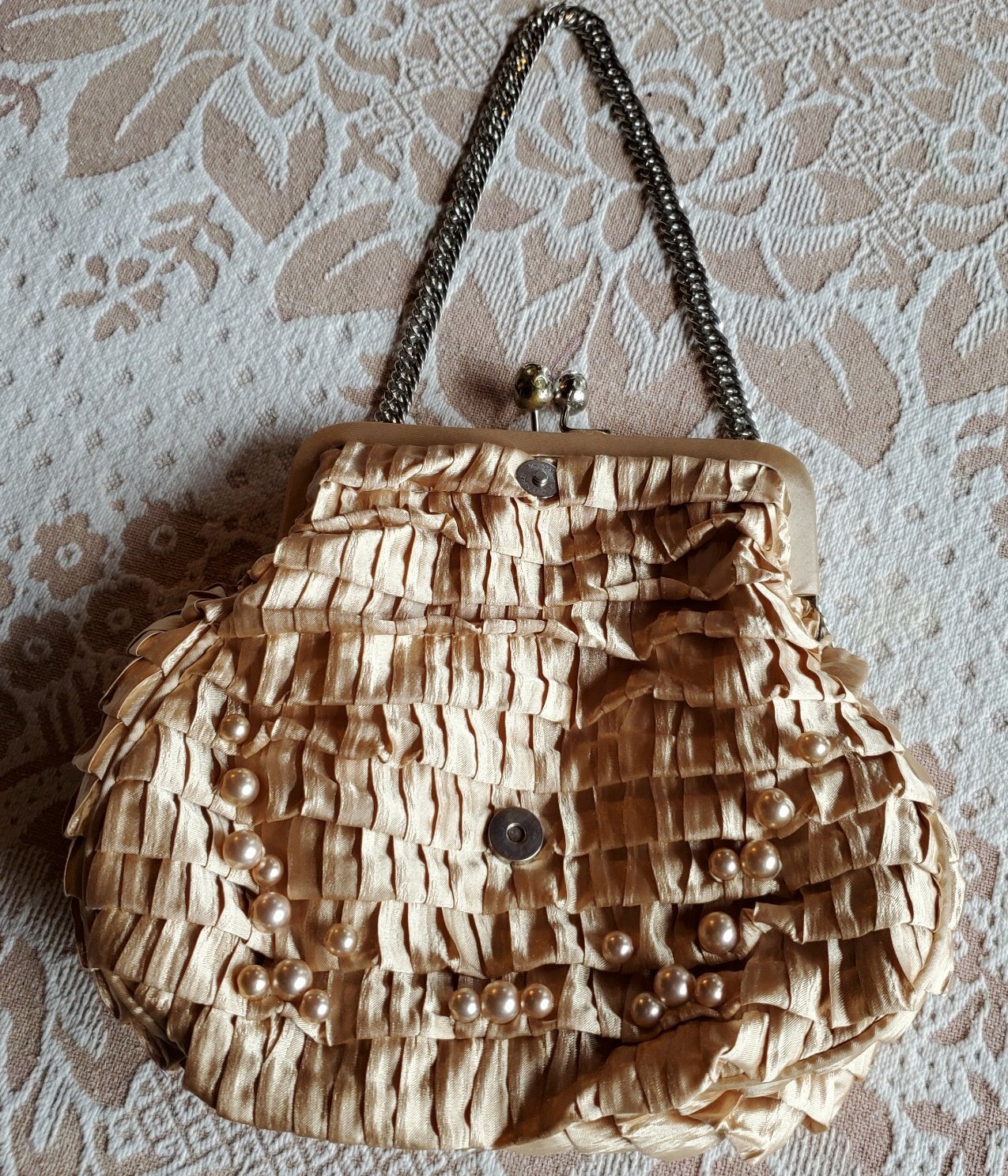 Satin Fabric and Pearl Evening or Wedding Purse, Caramel/Peach