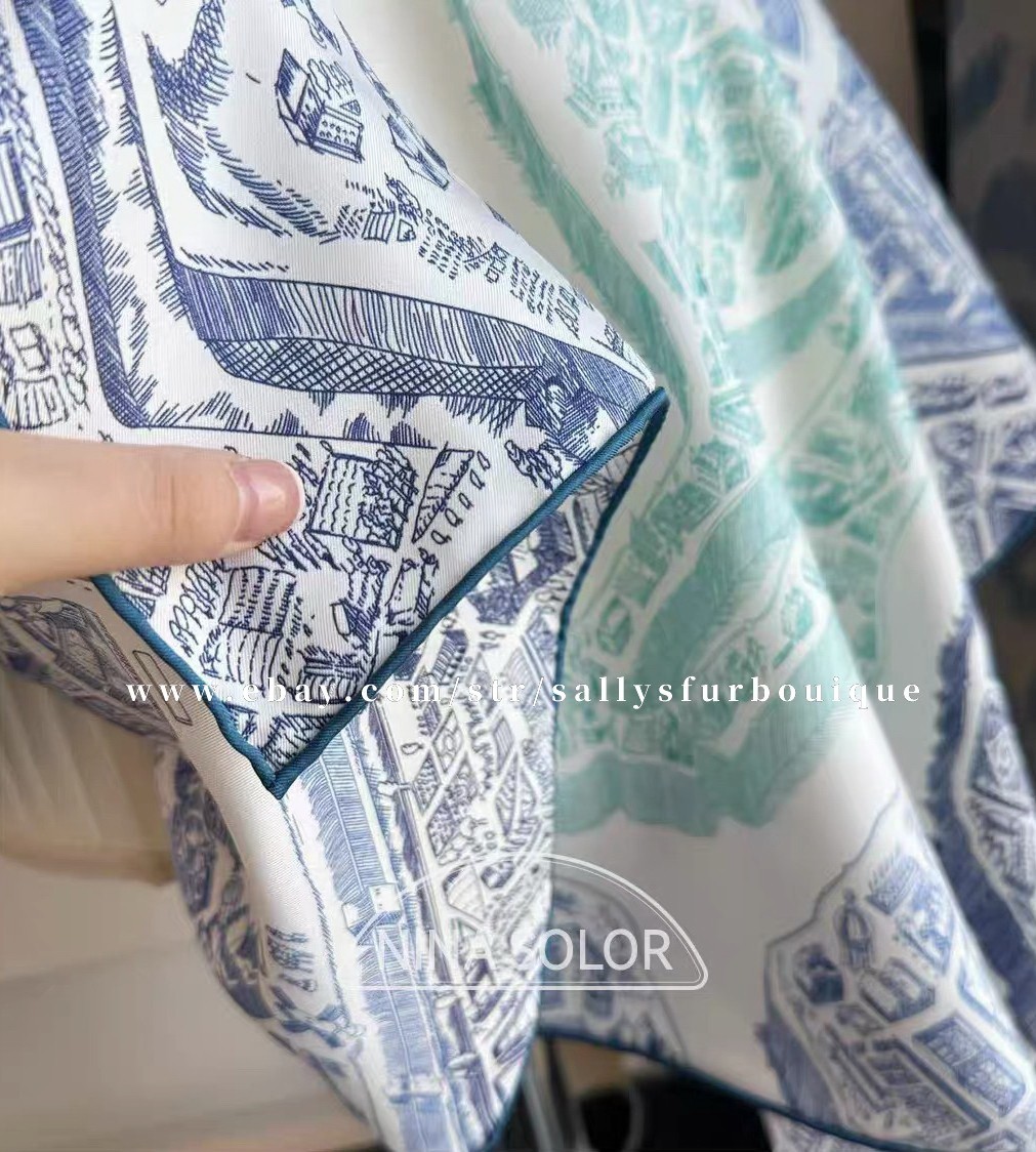 Sallys 18 Momme Twill Silk Horse City Print Wrap Scarf Double Face Shawl 35″