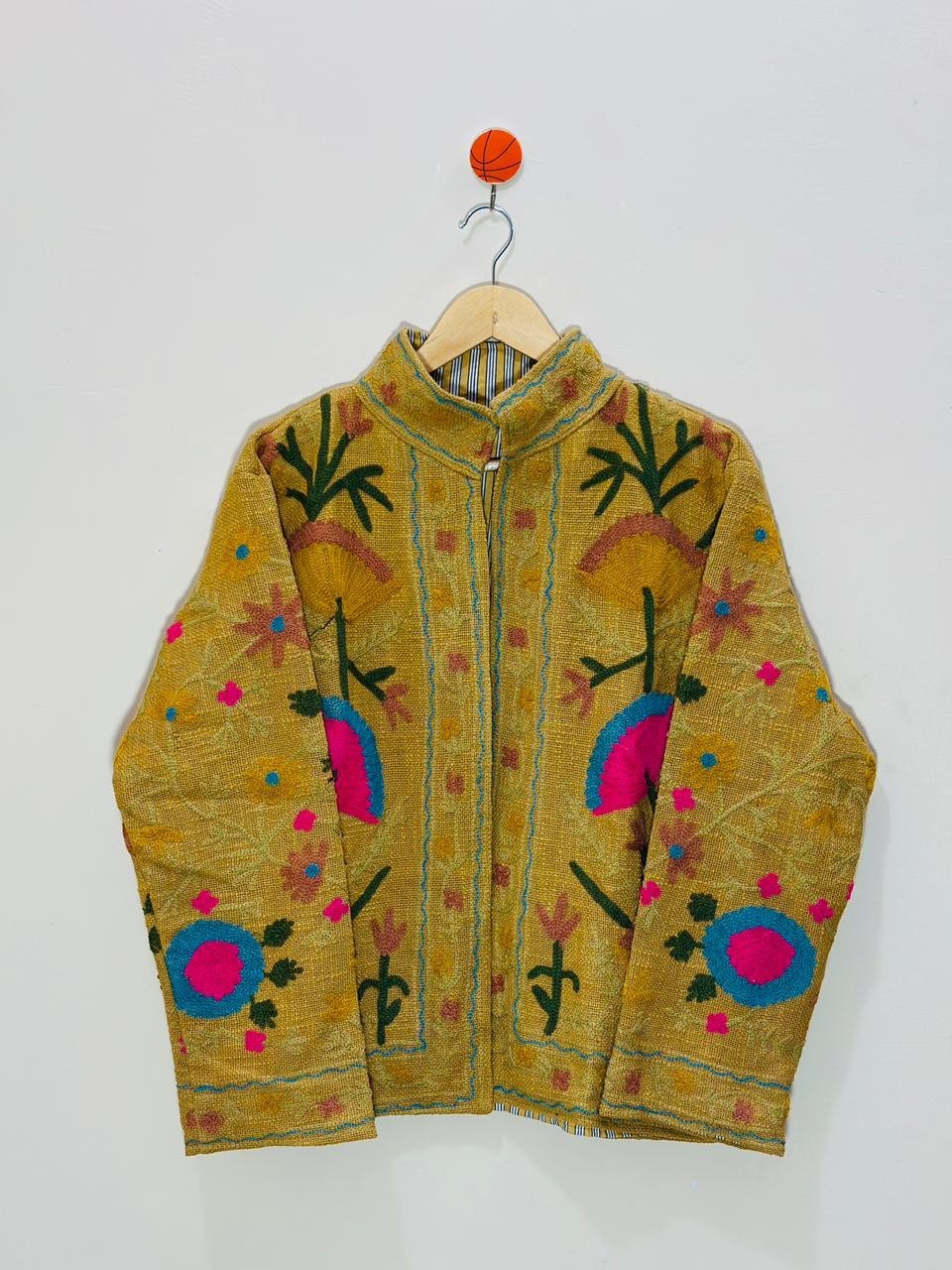 Yellow Floral Cotton Suzani Jacket Handmade Embroidered Festival Coat & Jackets