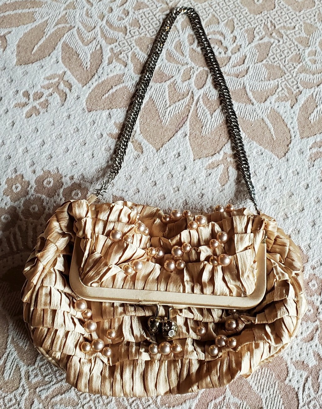 Satin Fabric and Pearl Evening or Wedding Purse, Caramel/Peach