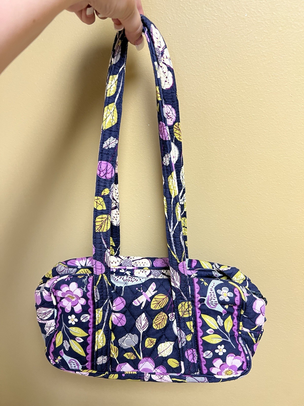 Vera Bradley Navy Floral Shoulder Bag Purse Zip Closure Bag Charm Inner Pockets