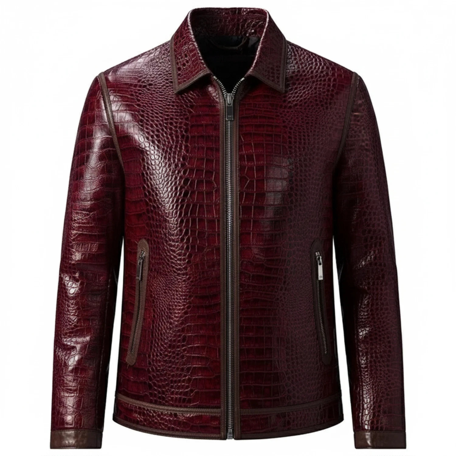 Men’s Burgundy Crocodile Embossed Leather Jacket Luxury Exotic Zip Biker Coat