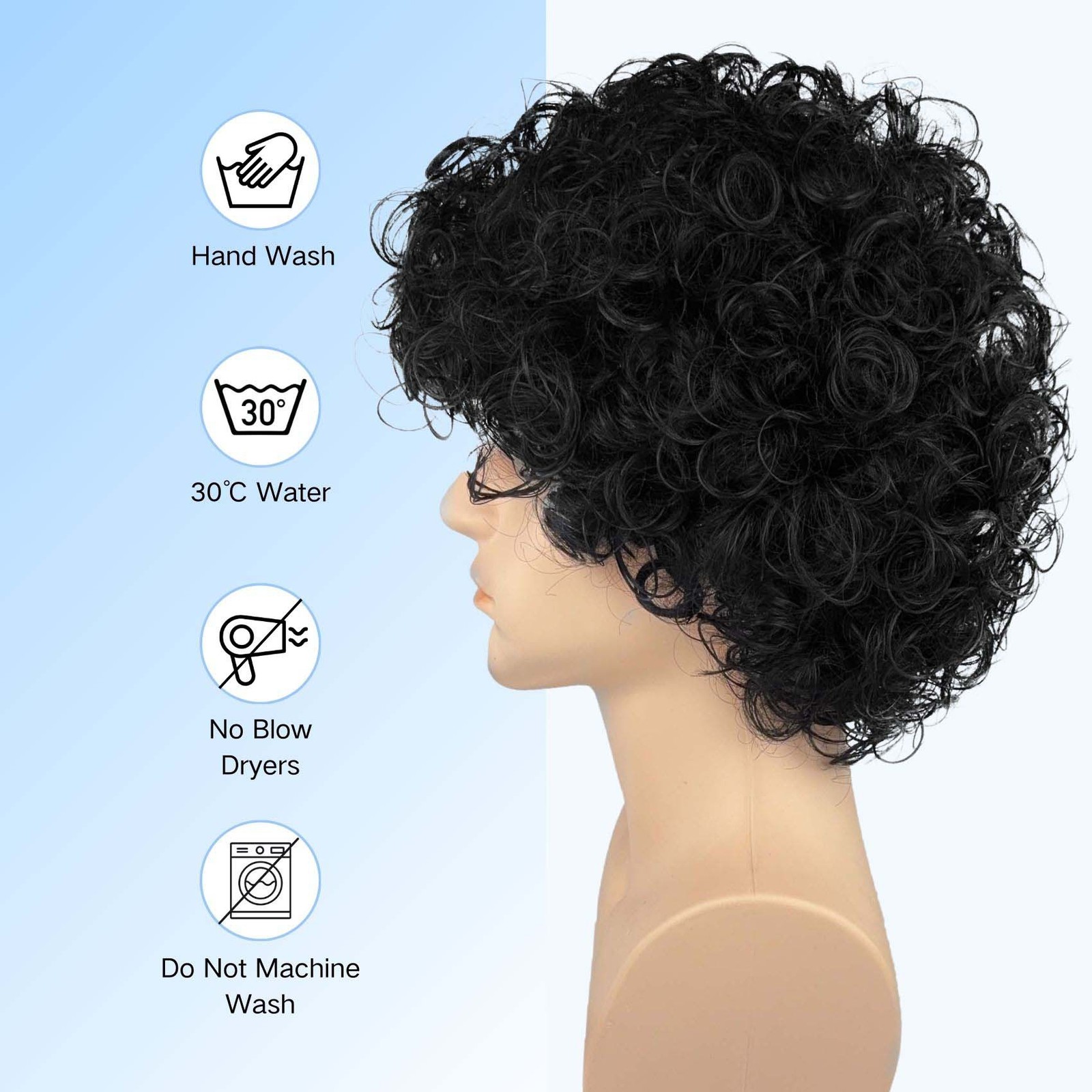 Men’s 12in Short Curly Wig Black Heat Resistant Synthetic Full Cosplay Party Wig