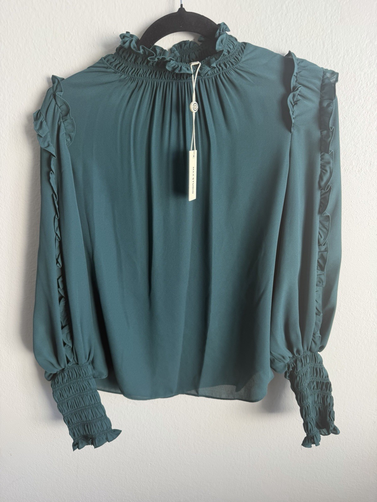 Max Studio Solid Green Ruffle High Neck Smocked Cuff Puff Sleeve Blouse XS