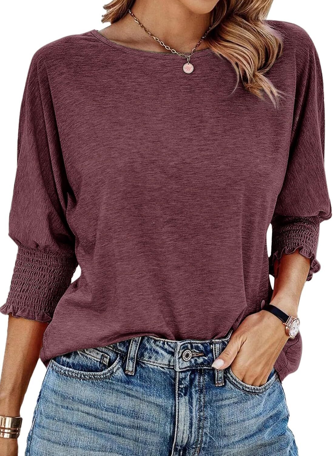 Women’s 3/4 Sleeve Crewneck T-Shirt Casual Loose Fit Soft Basic Blouse Top