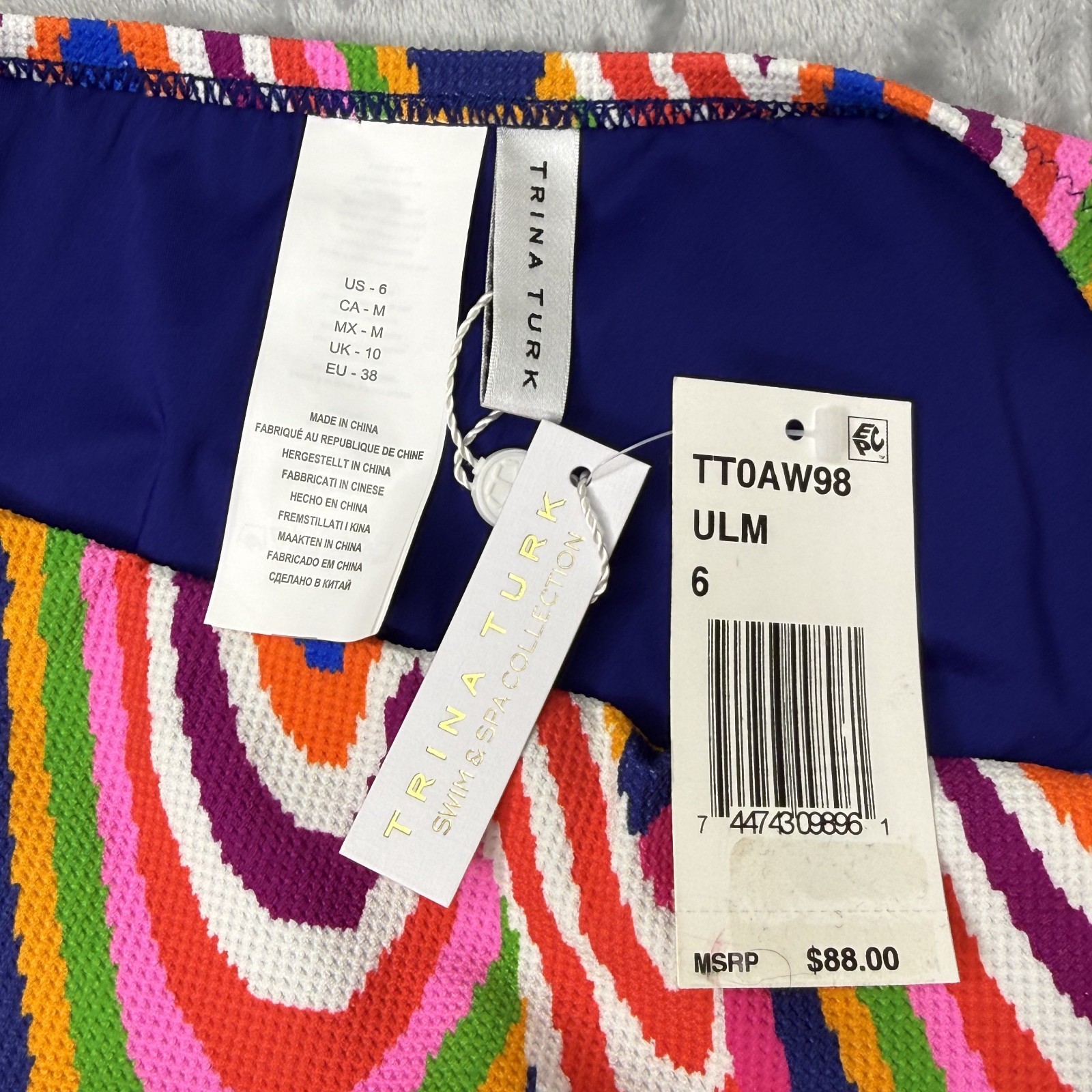 Trina Turk Rainbow Swirl High Waist Bikini Bottom Marine Blue Resort Coastal 6 8