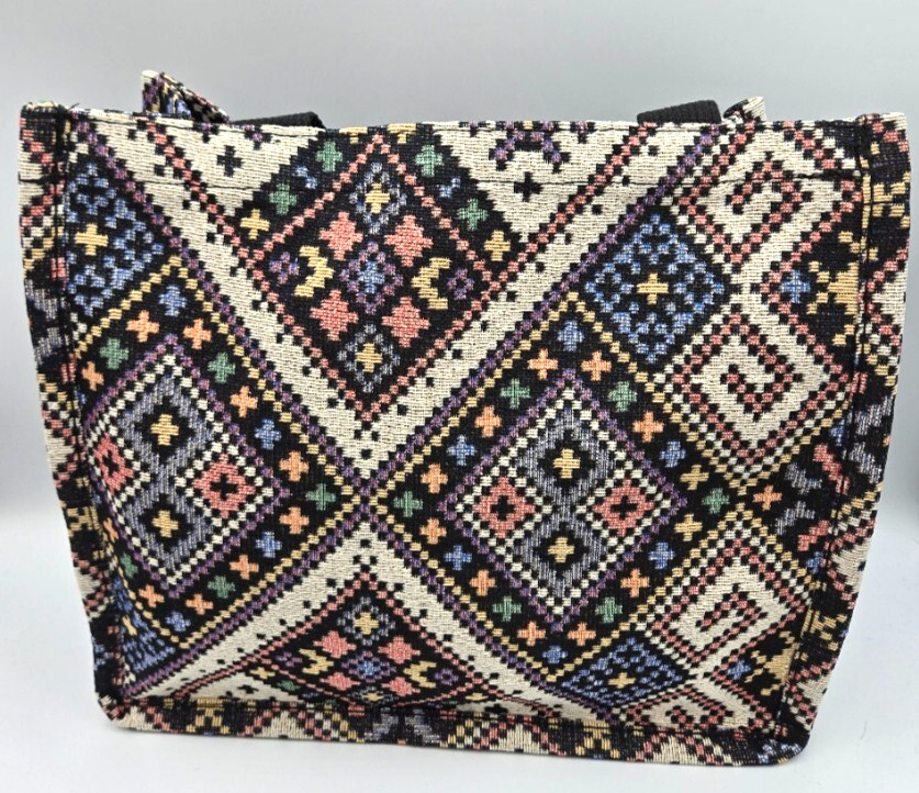 Southwestern Woven Geometric Print Tote Bag, Black Straps, 11.5″HX13″WX4.8″D