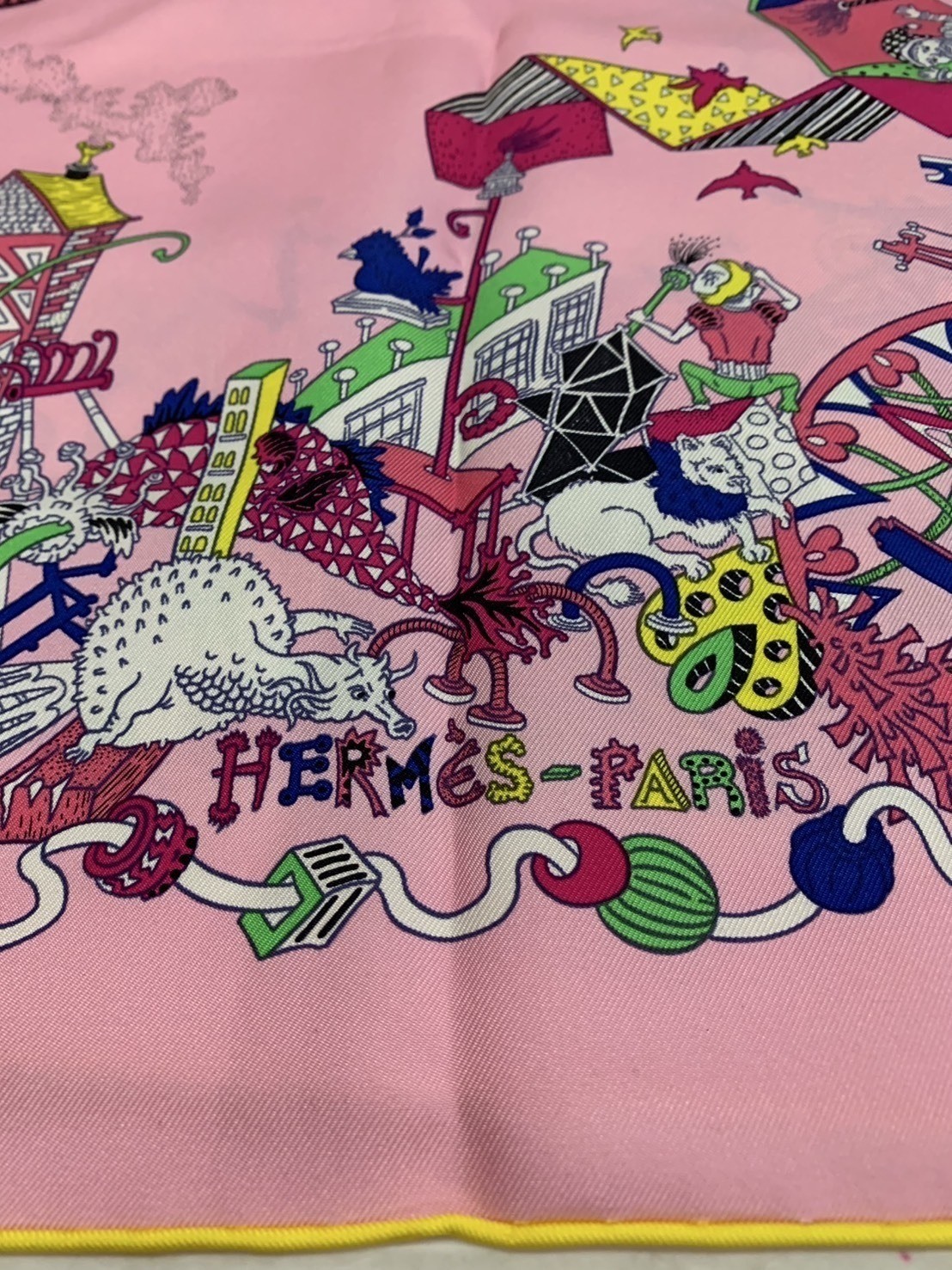 HERMES Carre 90 La Folle Parade Silk Scarf Multicolor Pattern Used