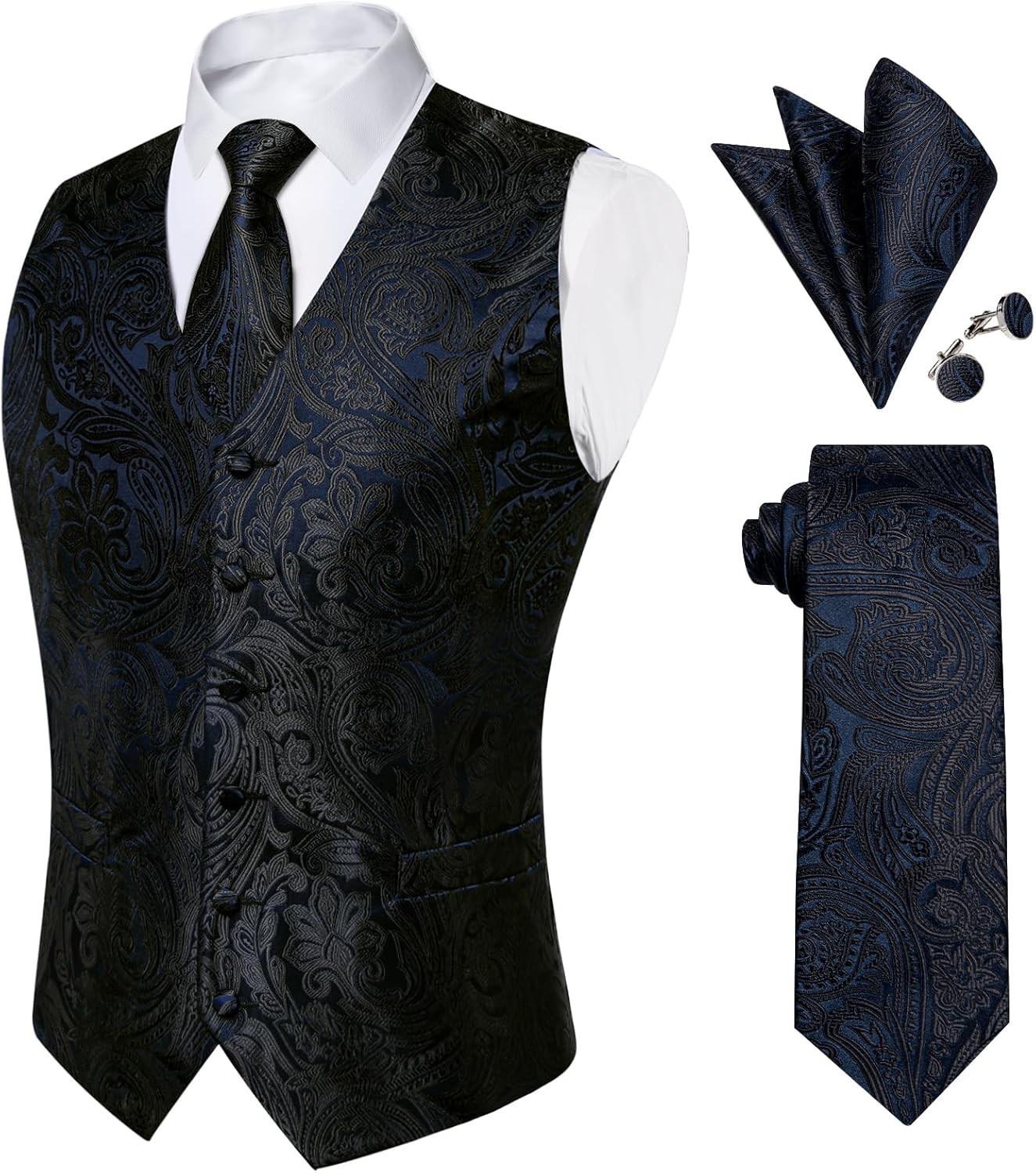 Mens Paisley Silk Vest Tie Pocket Square Cufflinks Set for Wedding Party Formal