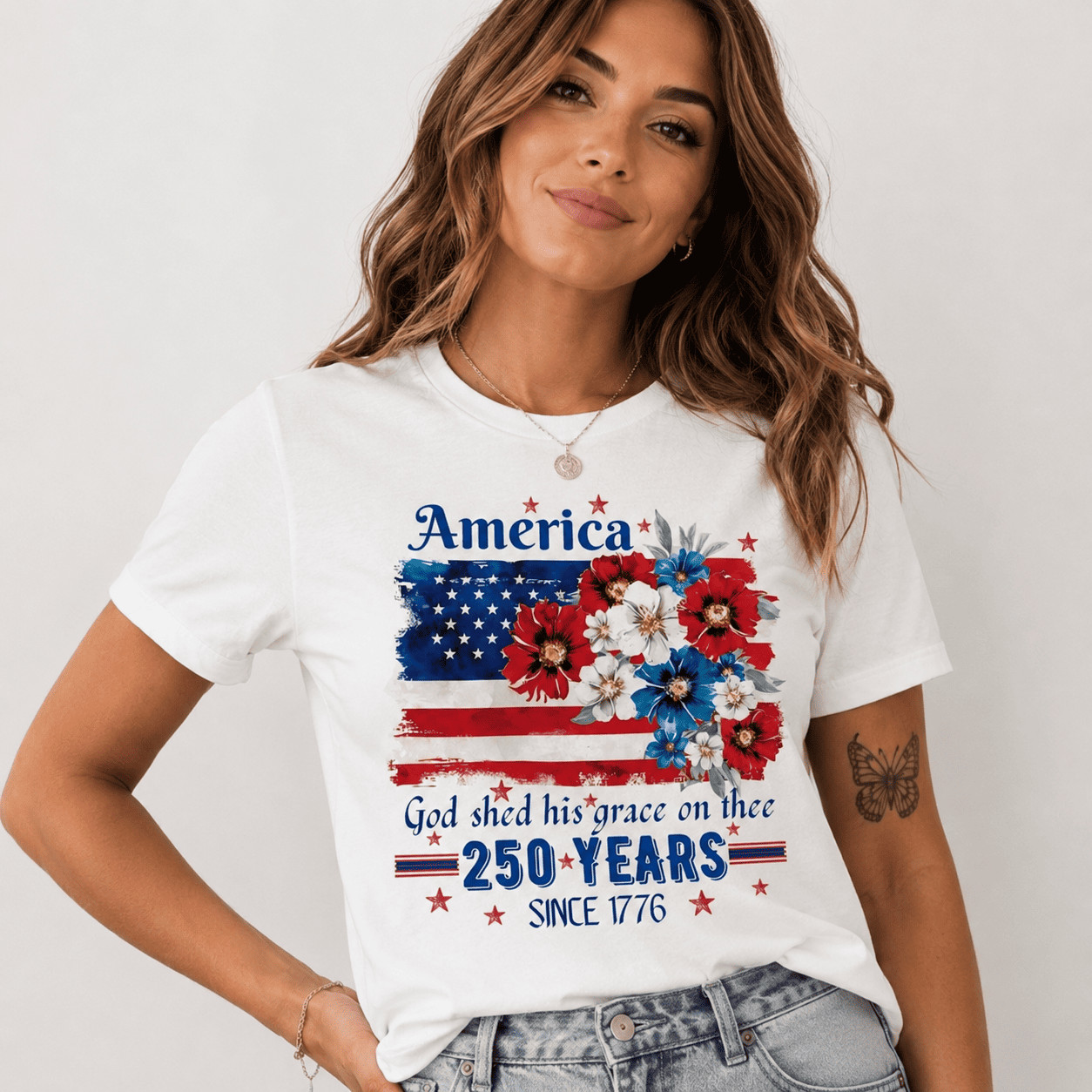 America 250 Years Semicentennial Graphic Tee – Patriotic Floral USA Flag T-Shirt
