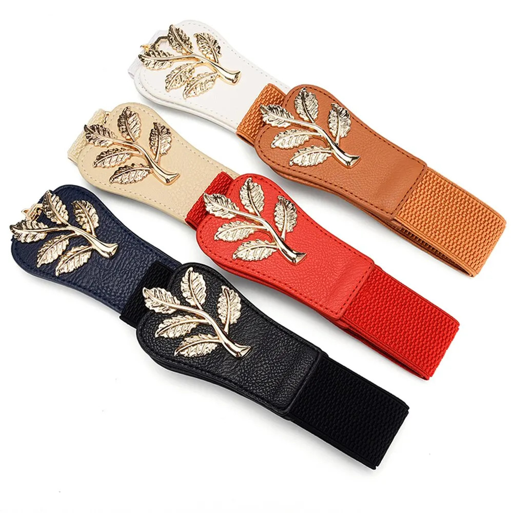 Gold Leaf Elastic Waist Belt for Women Wide Fashion Buckle Dress Skirt Us