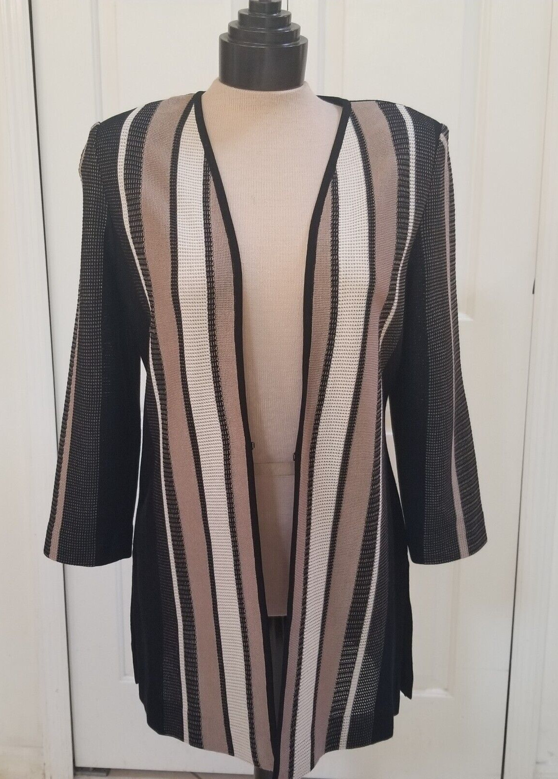 Ming Wang Black Multi Color Striped Knit Front 3/4 Length Sleeve Jacket Size XS