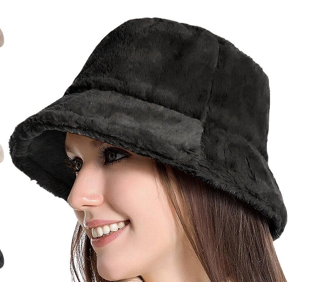 Soft Women Plush Cute Winter Bucket Hat Wide Brim Fluffy Fisherman Faux Fur Cap