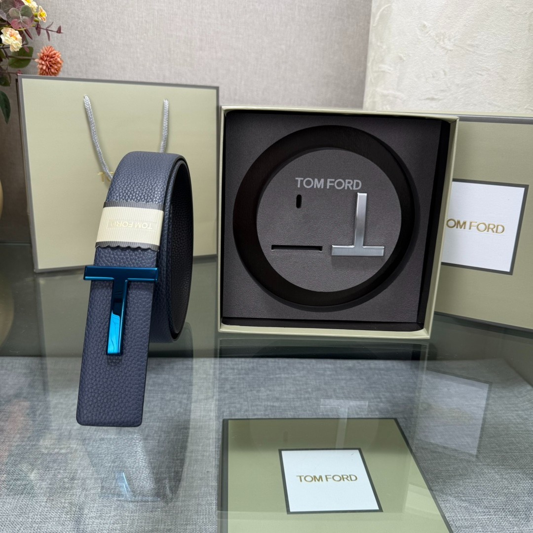 Tom Ford Handmade Double-Buckle Reversible Belt 3.8cm/1.50″ Blue/Black