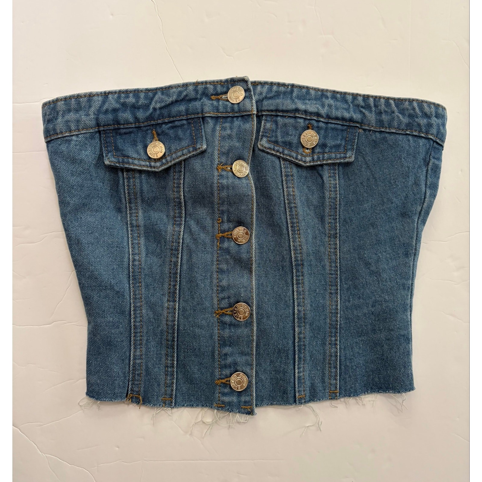 Edikted River Denim Tube Top Med Blue 100% Cotton Smocked Back Y2K