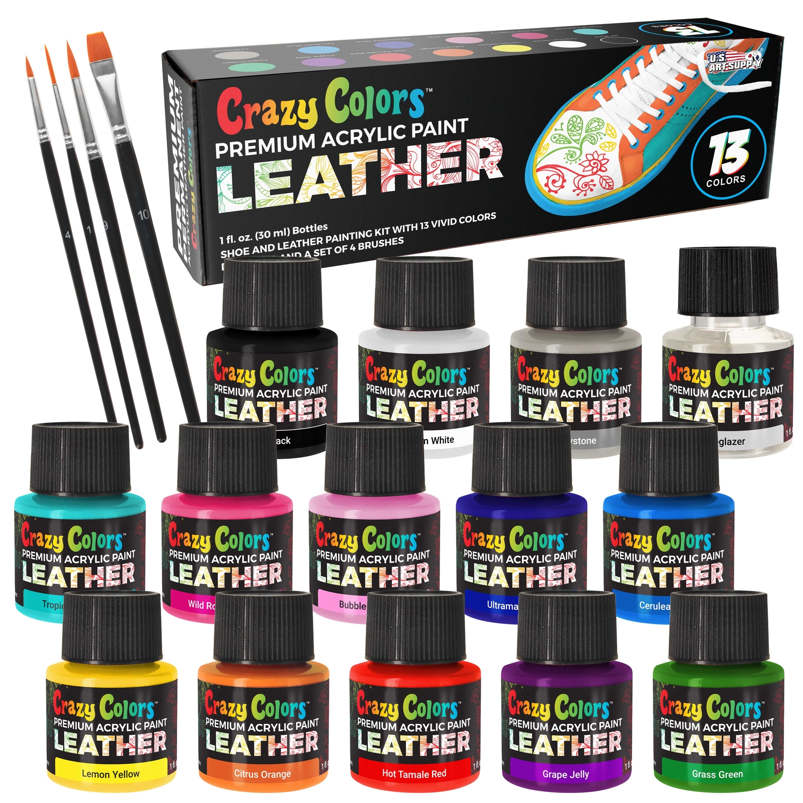 Acrylic Leather and Shoe Paint Kit, 13 Colors Set, 1 oz Bottles – Sneakers, Bags