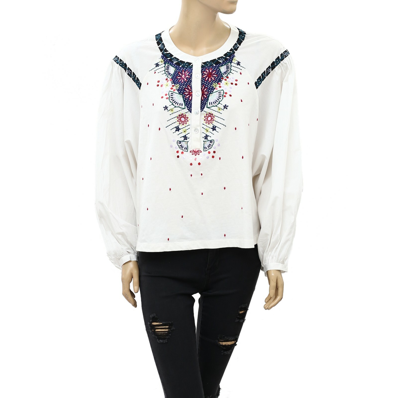 Anthropologie Embroidered Sequin Embellished Blouse Long Sleeve Top M 221637